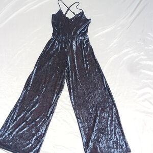 Snap Icy Blue Crushed Velvet Velour Wide Leg Jumpsuit With Adjustable Straps